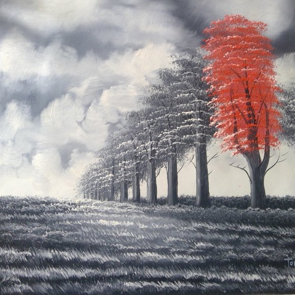 Oil Acrylic "Landscape of Trees" on Canvas Painting Shades of Gray and Red - Picture 13 of 15